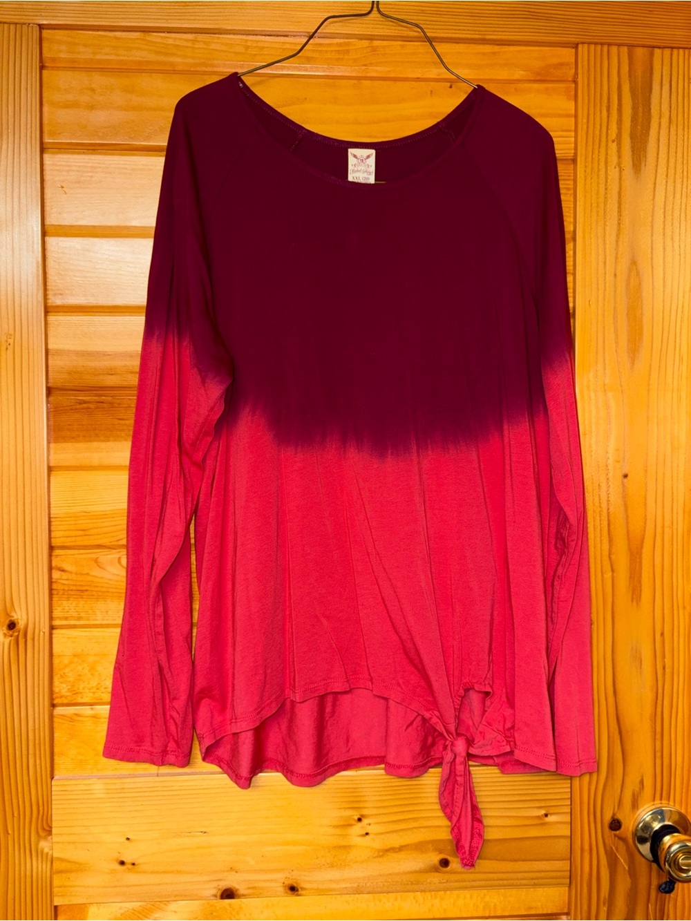 Faded Glory Ombre Tie-Front Long Sleeve Top in Burgundy and Pink